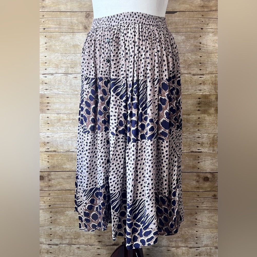 Symphony Womens Animal Print Midi Skirt Tan Navy Blue Rayon Smocked Waist Size M - Picture 2 of 8